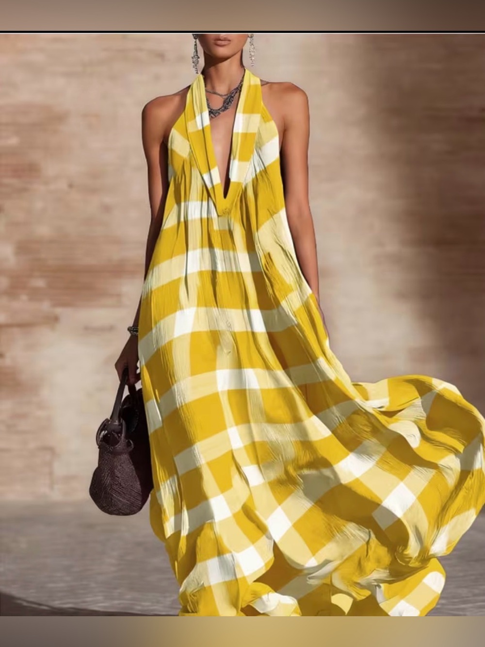 Yellow Plaid Halter Maxi Dress - Sleeveless Summer Dress